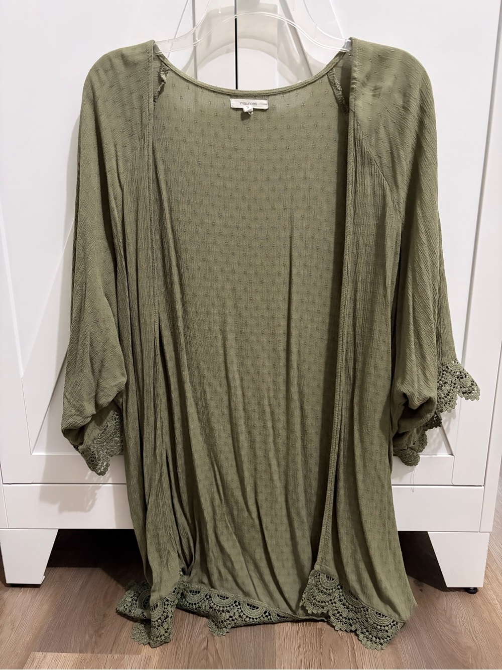 Maurices Olive Green Open Crochet-Trim Kimono